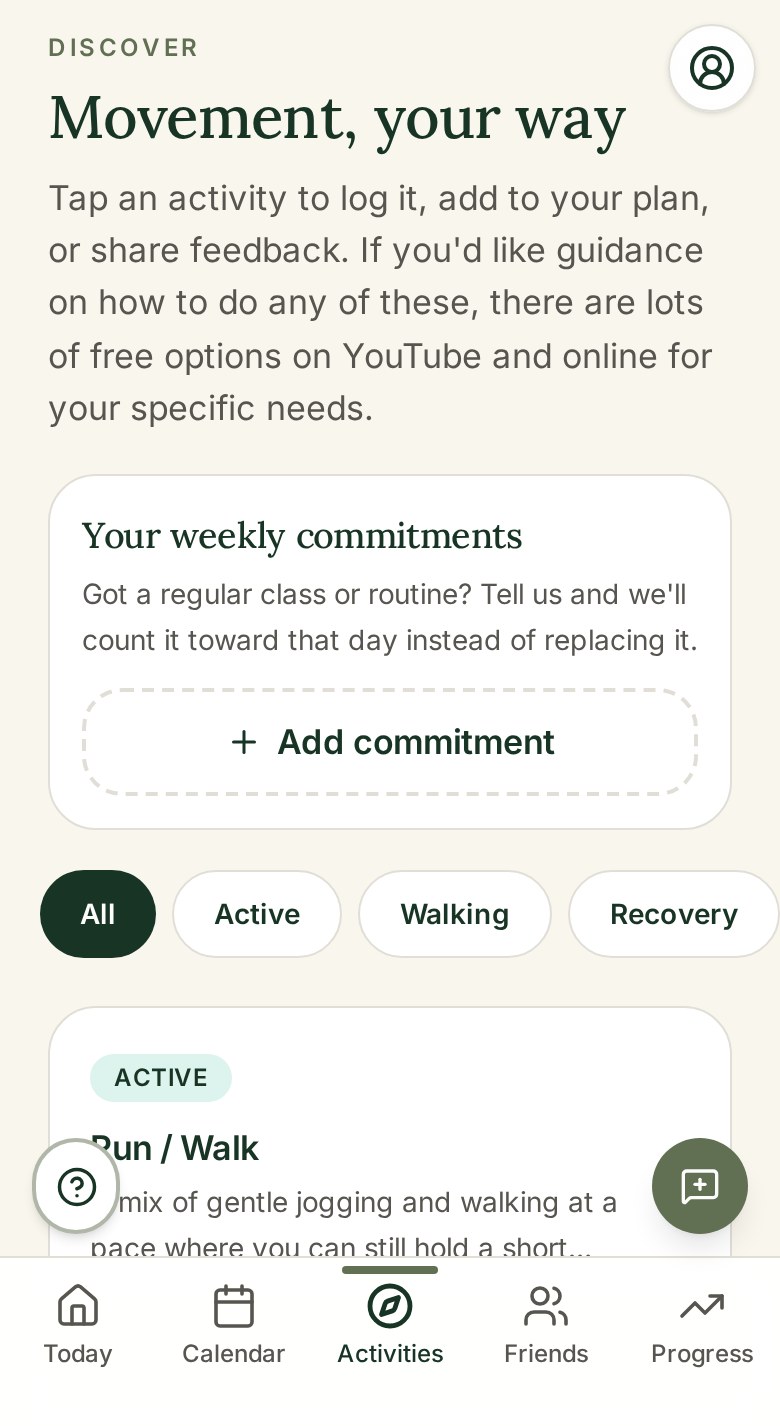 The activities screen listing gentle movement options to choose from
