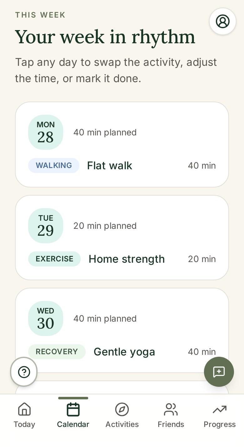 The weekly calendar in Rhythm of Life showing a walk, a strength session and a stretching day