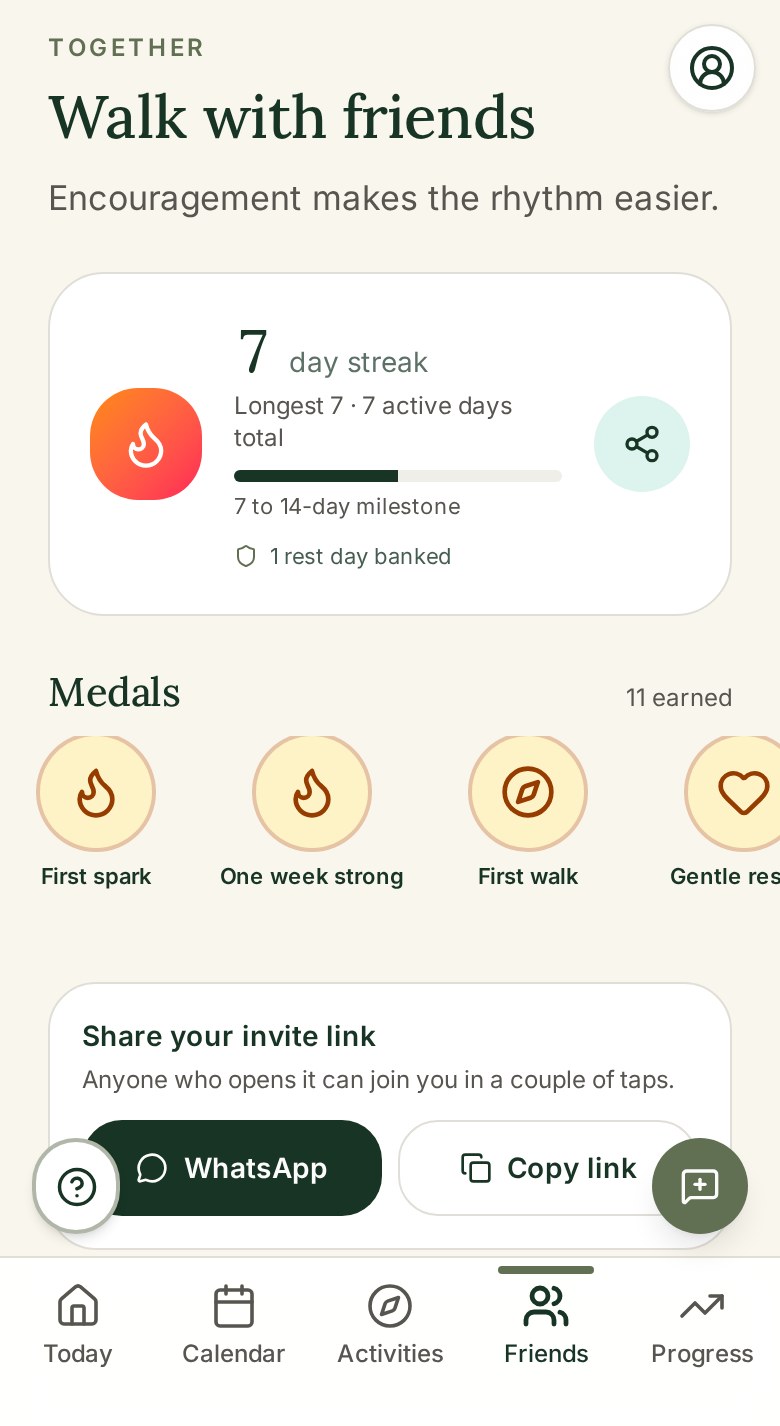 The friends screen showing a five day streak, earned medals and a friend code to share