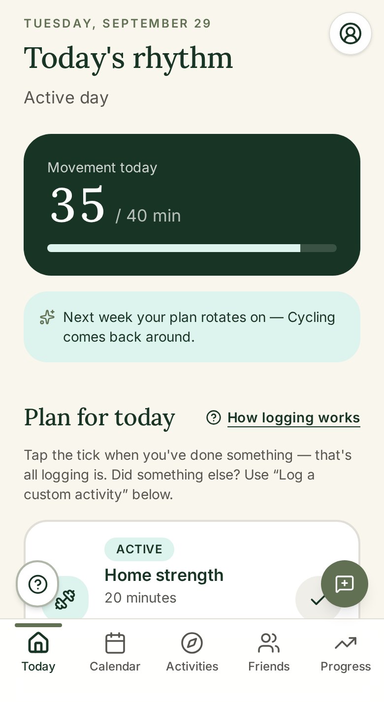 The Today screen of Rhythm of Life showing minutes moved today and the plan for the day